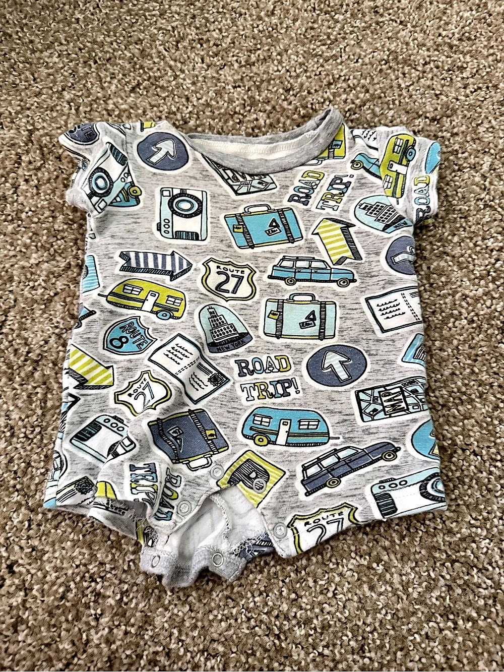 Road Trip Print Baby Romper Gray & Blue